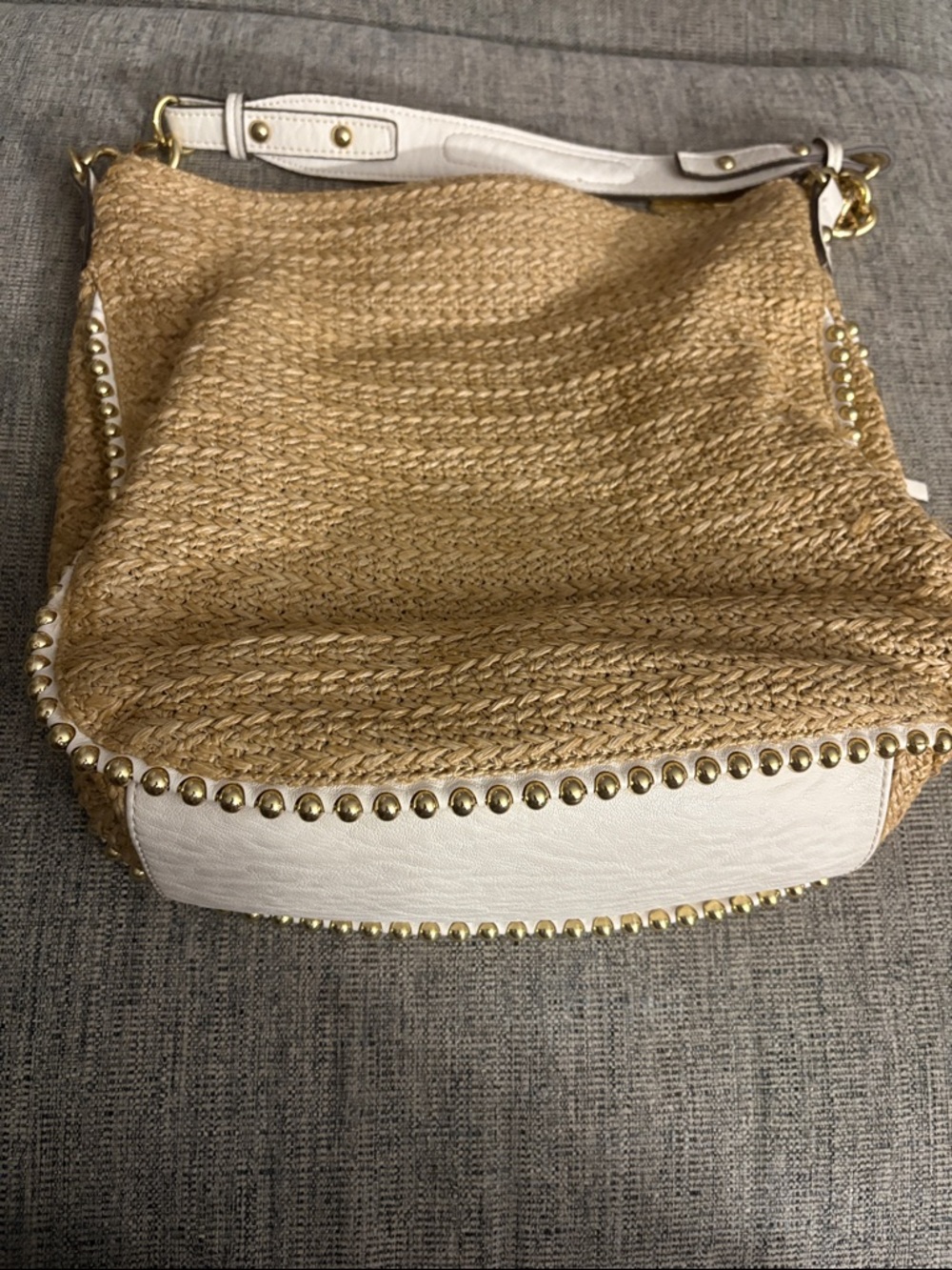 Jessica Simpson Natural Straw Shoulder Bag with White Trim and Gold Accents - Picture 2 of 3